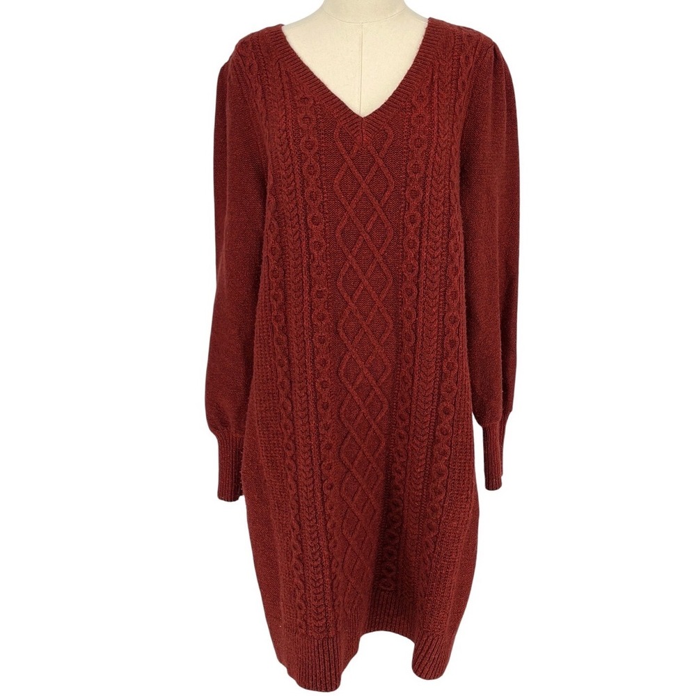 LOFT Sweater Dress Rust Red Cable Knit Puff Sleeve Large
